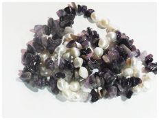 Polished amethyst and pearl long necklace