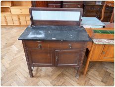 Late 19th century tile back marble top washstand, with frieze drawer and cupboards below, 91cm wide