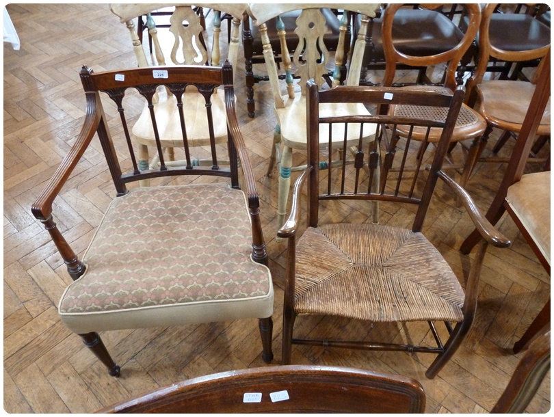 George III mahogany carver chair, with reeded splats and supports, upholstered stuff-over seat, on