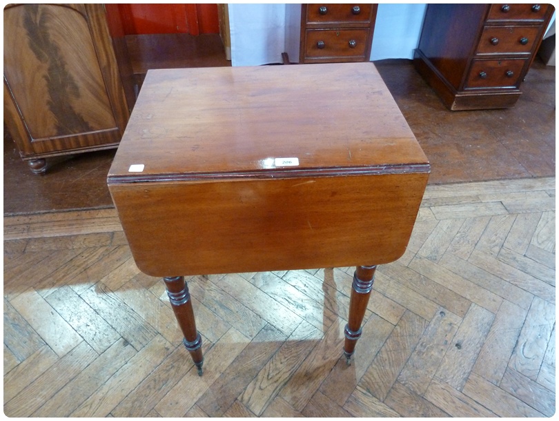 Victorian mahogany drop-flap work table, with two frieze drawers opposed by dummies, on ring-