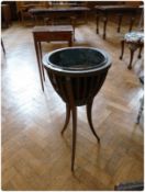 Edwardian mahogany jardiniere stand, with tin liner, open slatwork sides to square tapering