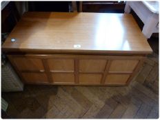 A modern hardwood side cupboard, with panelled fall-front, 91cm wide