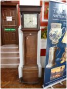 Early nineteenth century oak longcase clock, with straight moulded cornice, turned column supports