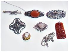 Oriental cornelian coloured stone rectangular pendant, pierced and engraved, diamante and stone