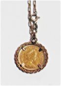 1982 half sovereign pendant, mounted on chain, 9g approx.