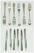 Set of six pairs Victorian silver dessert knives and forks, silver blades and handles, with