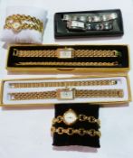 Quantity of boxed lady's watches on gold-coloured bracelets, stainless steel bracelets etc. (5