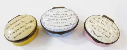 Three eighteenth century Staffordshire enamel patchboxes, each oval, inscribed â€œMay Britains