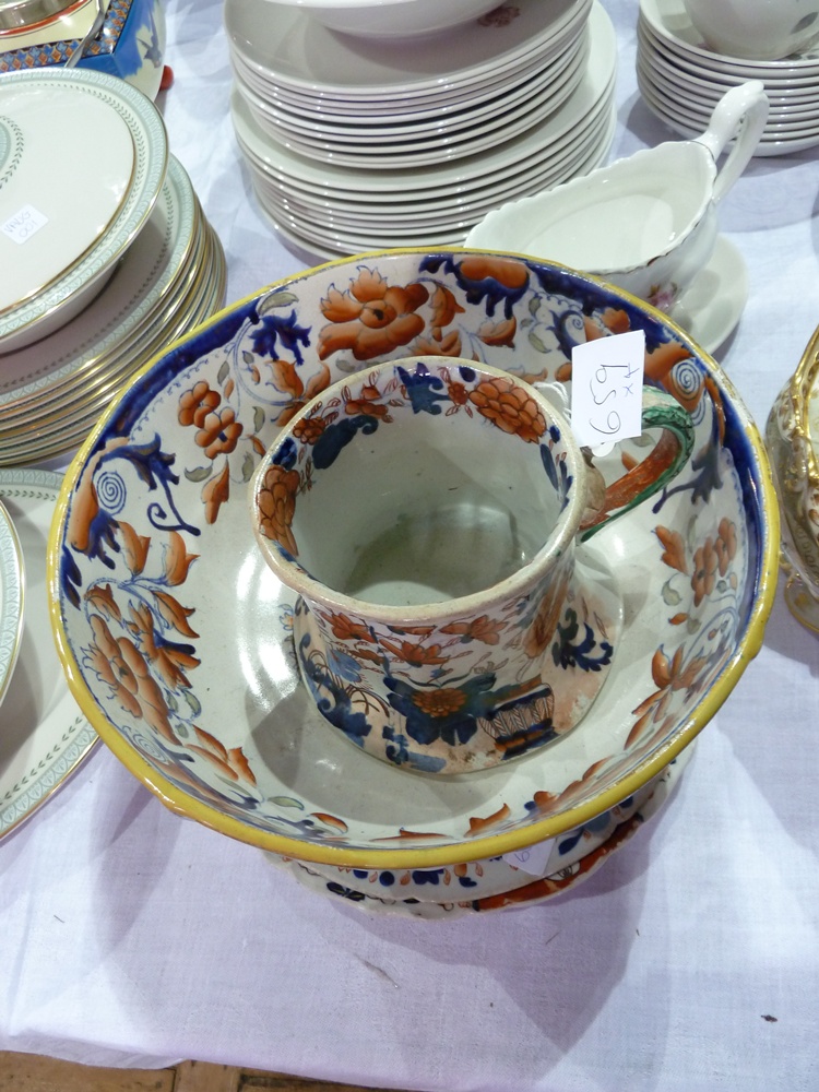 Masons Ironstone china pottery jug and two plates, and a bowl (4)