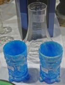 Pair blue opaline marbled glass vases and Dartington crystal vase with box (3)