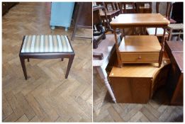 A modern hardwood corner unit, with panelled cupboard together with a square side table, on turned