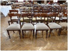 Set of six Victorian mahogany dining chairs, with bar backs and reeded splat, with upholstered