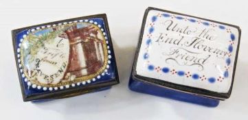 Bilston style enamel patchbox, rectangular, slightly waisted, the
lid inscribed "A Trifle From