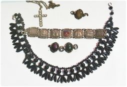 Quantity of costume jewellery to include:- French jet necklace, silver bangle, silver cuff-links,