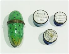 Novelty enamel trinket box in the form of gherkin, (some cracking), and three small circular