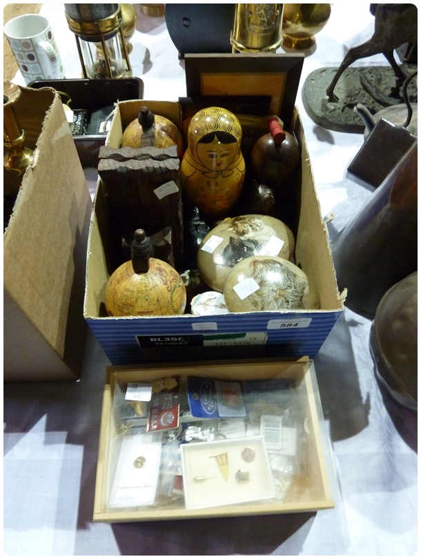 Quantity of Chummies patchboxes, a wooden Russian doll, pair bookends with globes, various wooden