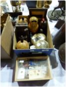 Quantity of Chummies patchboxes, a wooden Russian doll, pair bookends with globes, various wooden