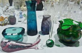 Art glass fish, with pink flash, a green opalescent style bowl, with pie frilled lip, and four other