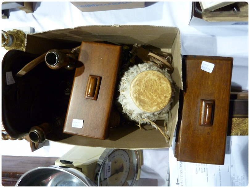 A souvenir bongo drum, made from animal skin, various wooden items, including:- pair wooden