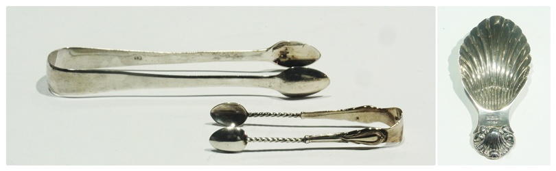 Pair Georgian silver sugar nips, shell-pattern silver caddy spoon,  and another pair silver sugar