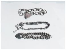 Silver chainlink bracelet with padlock clasp, another and a silver coloured metal bracelet with
