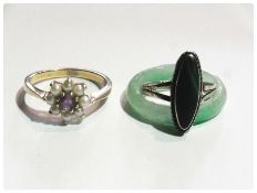 9ct gold, pearl and amethyst cluster ring, silver marcasite ring and a jade ring (3)