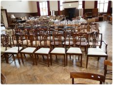 Set of six mahogany Hepplewhite style dining chairs, with pierced splats, upholstered drop-in seats,