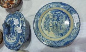 19th century blue and white transfer printed plate, depicting castle in landscape and a lidded