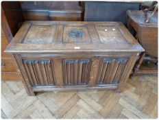 Reproduction oak linenfold coffer by Alan "Acorn Man" Grainger of Brandsby, with framed panel top,