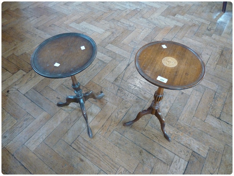 Reproduction mahogany wine table, with satinwood rosette top, on tripod base, and another, similar