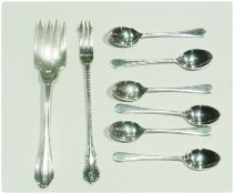 Set of six silver coffee spoons, Sheffield 1961, a silver pickle fork, a pair Georgian silver