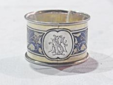 Russian silver-coloured metal and cloisonne napkin ring, floral decorated