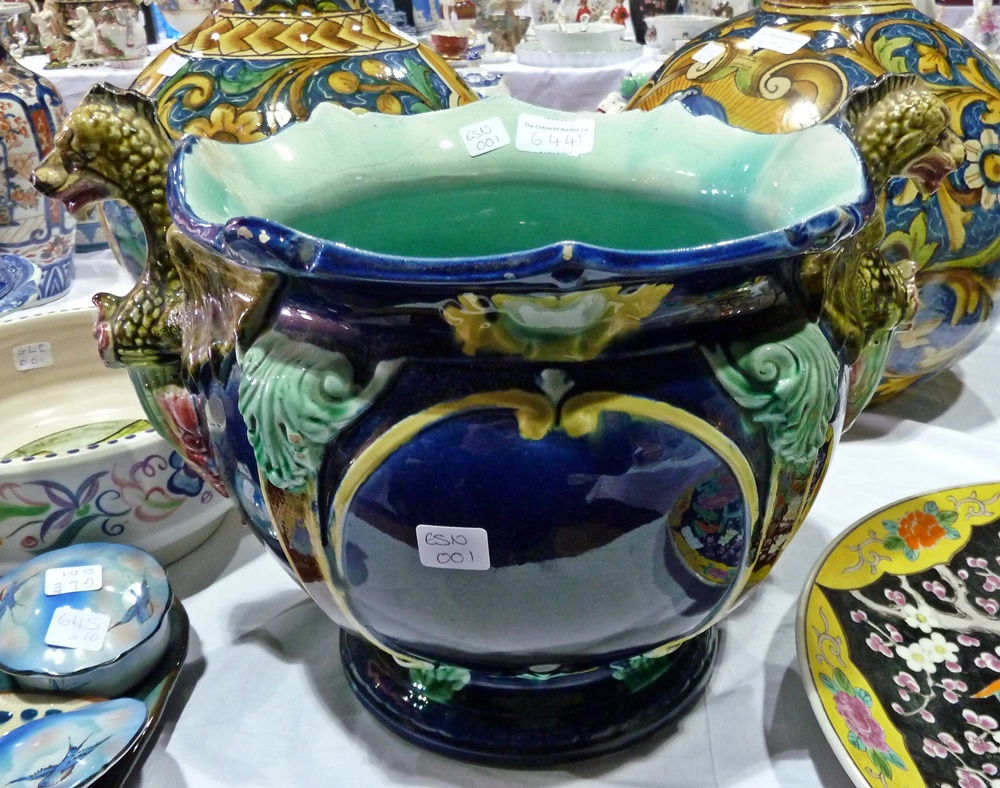 Victorian majolica dragon handled jardiniere, blue ground with yellow dragons to handle, 23cm high