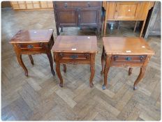 Set of three modern bedside tables with frieze drawer, on carved cabriole legs, 45cm wide