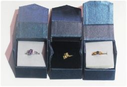9ct gold Russian Alexandrite and diamond ring, 9ct gold and yellow diamond ring and another