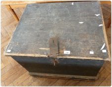 A Victorian painted pine trunk, with rope carrying handles, iron clasp, raised on a plinth base,