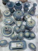 Large quantity Wedgwood blue jasperware items to include:- trinket boxes, vases, etc (22)