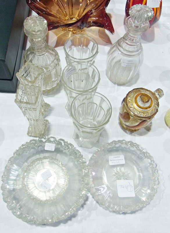 Quantity of Russian glass salad plates, with frilled edges and cut glass star to centre, three