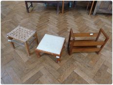 A small rush seated stool, another with upholstered top, and a hardwood magazine rack (3)