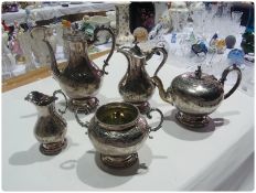 Silver plated teapot, hot water jug, sugar bowl etc. (5 items), finial in the form child leaning