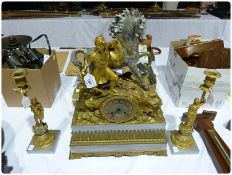 Nineteenth century French ormolu clock garniture, the clock surmounted by eastern male figure with