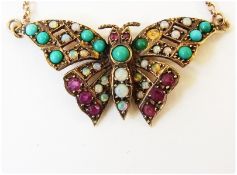 9ct gold, opal, turquoise and ruby butterfly pendant, on fine belcher link chain