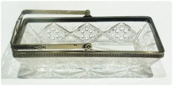 French (?) silver mounted cut glass basket rectangular with angular swing handle and having stiff