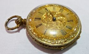 Rolled gold fob watch, with chased engraving on the dial and also on the outer case