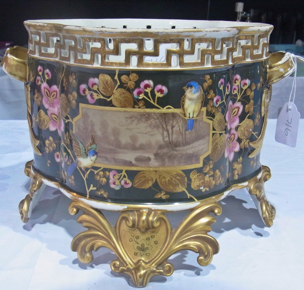 Victorian earthenware jardiniere, quatrefoil, having pierced Greek Key style border, with reserve of