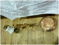 Copper warming pan, pair brass candlesticks and a modern Edwardian style table lamp with shade