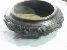 Chinese bronze bowl, six character seal mark, possibly Xuande, 32cm diameter, embossed with writhing