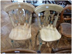 Pair Victorian kitchen chairs, with pierced splats, turned supports, solid seats, on ring-turned