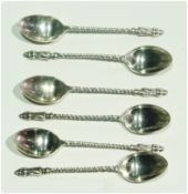 A set of six Edwardian silver apostle coffee spoons, with spiral twist handles, Sheffield 1904, 3ozs