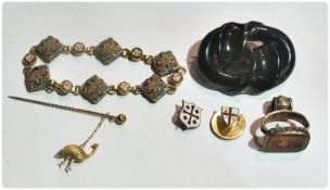 19th century gold plated and cornelian seal, with scroll mount, mosaic bracelet, jet coloured oval